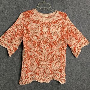 Solitaire Embroidered Pull Over Knit Top Women XL Orange White Crochet Edging